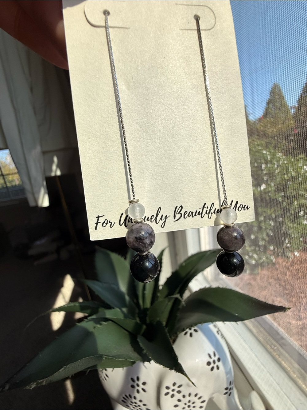 Handmade Lepidolite & Tourmaline Bead Drop 925 Sterling SilverThreader Earrings